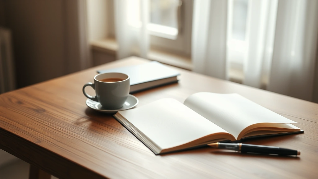 A clean wooden desk with an open notebook, fountain pen, and warm coffee cup, natural morning light streaming through a window, minimalist aesthetic