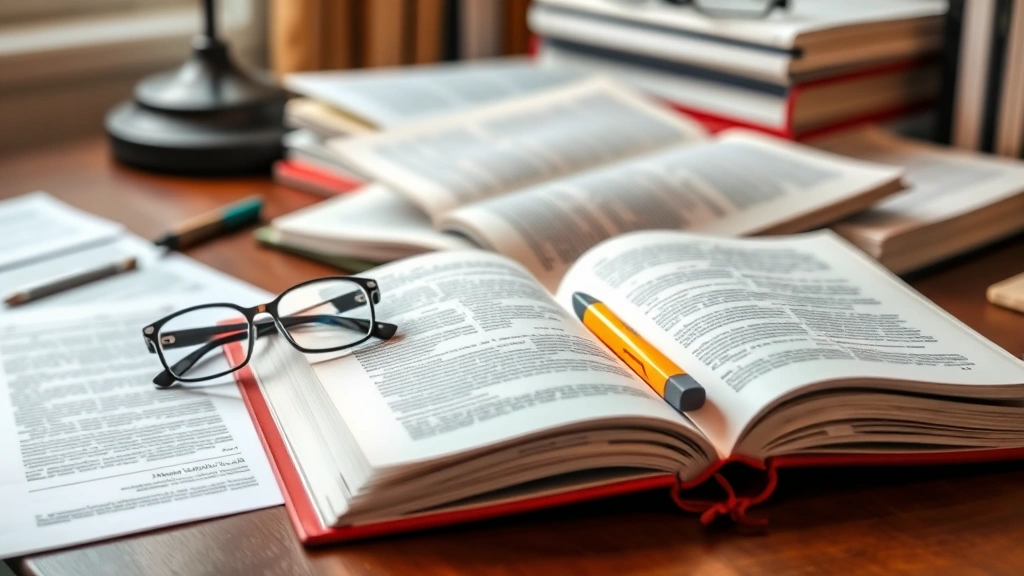 Stack of open books and printed pages on a desk with reading glasses and a highlighter, warm study atmosphere, organized workspace