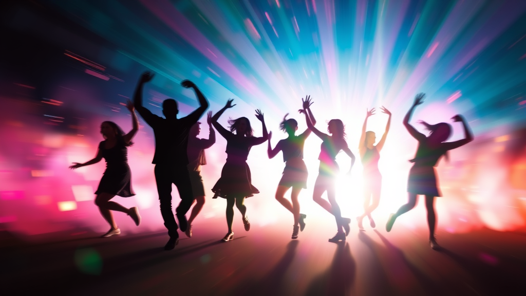 Dynamic silhouettes of people dancing with vibrant energy bursts and motion blur effects, no text, no words, no letters