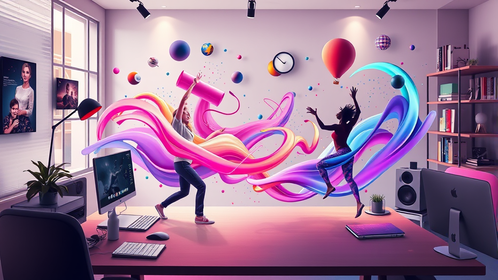 Creative content creation workspace with multimedia elements flowing like dance movements, no text, no words, no letters