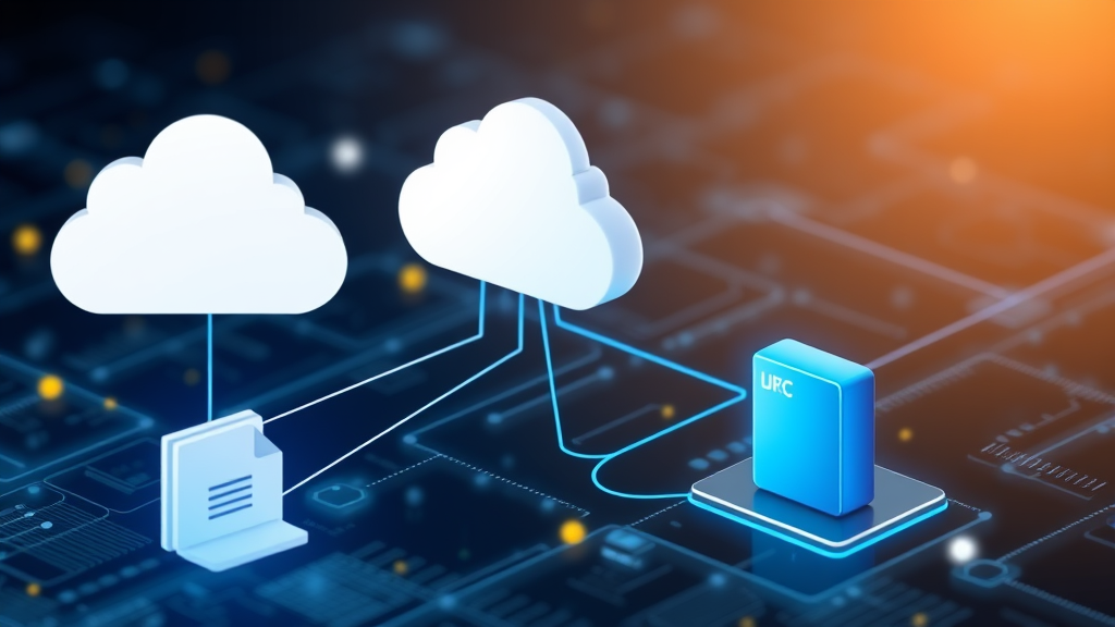 Data backup and file recovery visualization with cloud storage and local backup drives connected, no text, no words, no letters