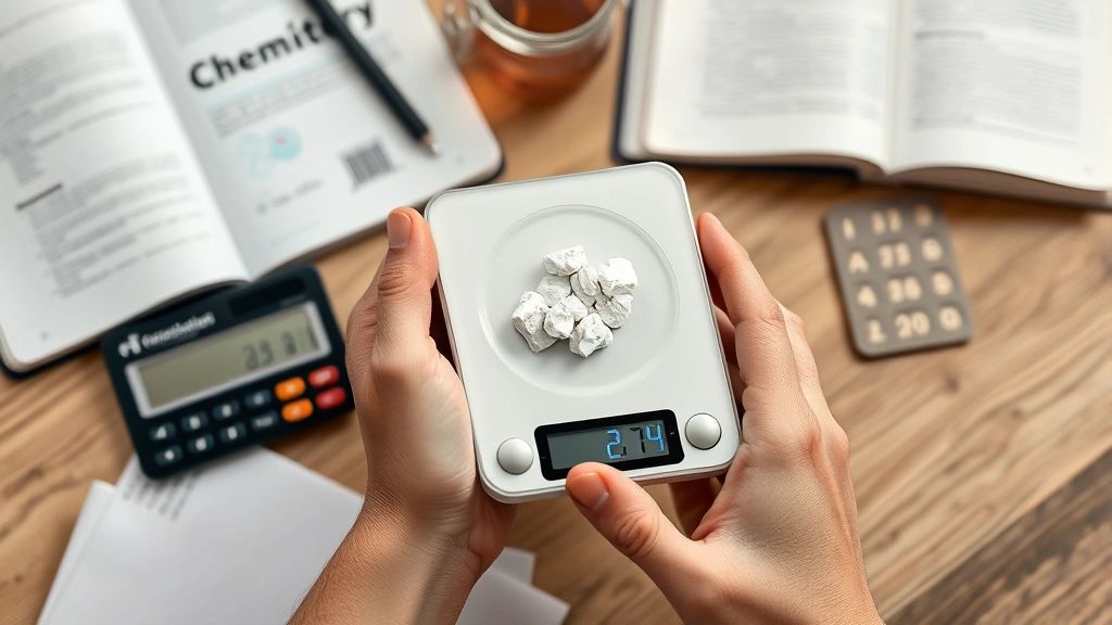 Hands holding a digital scale displaying grams with chemistry textbook and calculator nearby, showing measurement precision in a home study environment