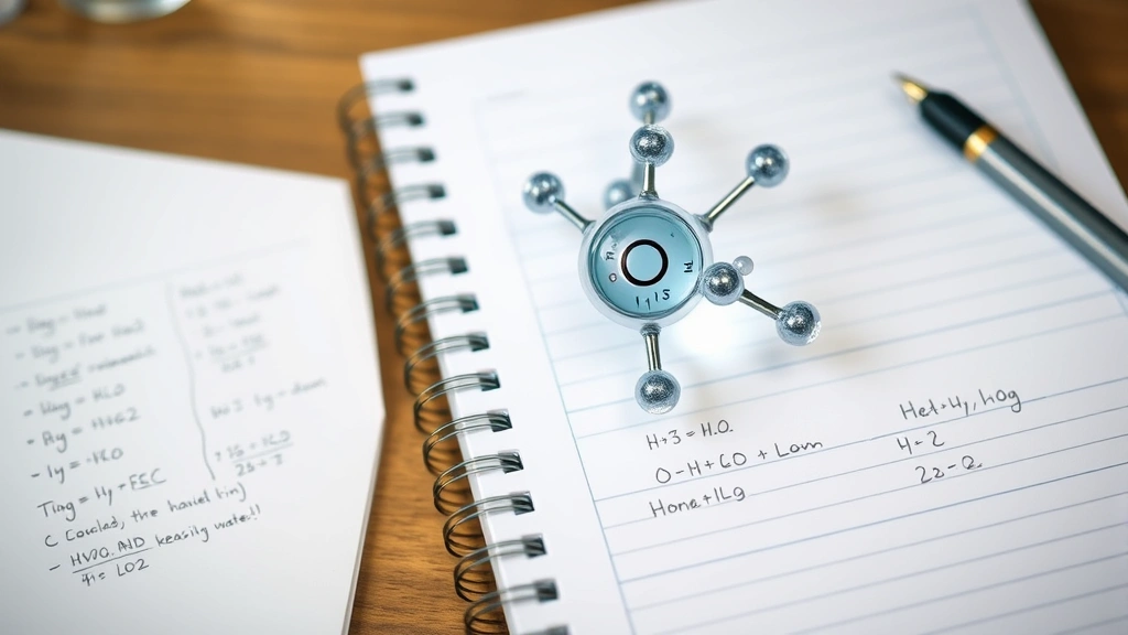 Molecular model showing water molecule (H2O) with visible hydrogen and oxygen atoms connected, alongside a notebook with chemistry calculations and formulas written on paper