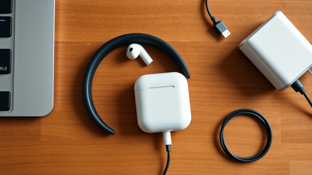 Flat lay of AirPods Max headphones connected to USB-C cable with power adapter nearby on wooden desk surface, showing charging setup