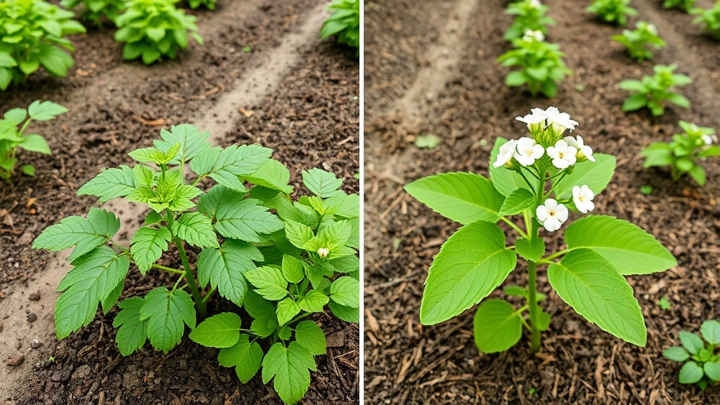 Healthy potato plant at mid-growth stage with lush green foliage, flowering stage showing white flowers, garden rows with proper spacing and mulch coverage