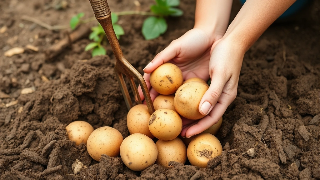 Harvesting potatoes from soil using garden fork, golden-brown freshly dug potatoes in soil, hands holding new potatoes, earthy garden background
