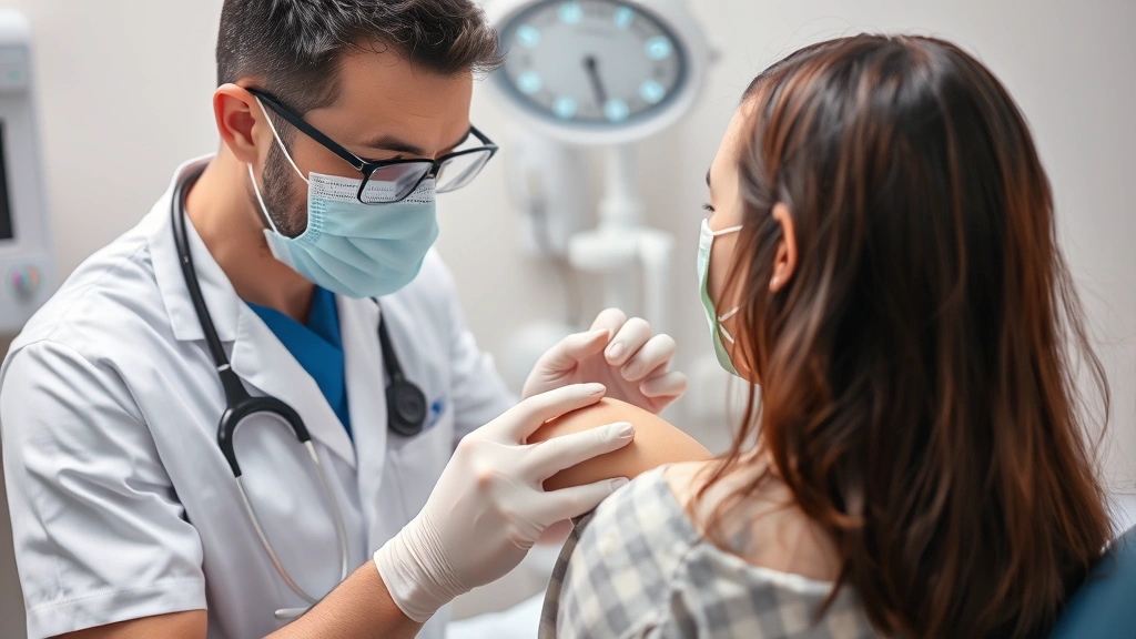 Healthcare professional examining patient's healing wound with dissolving stitches during follow-up examination, clean medical setting with good lighting