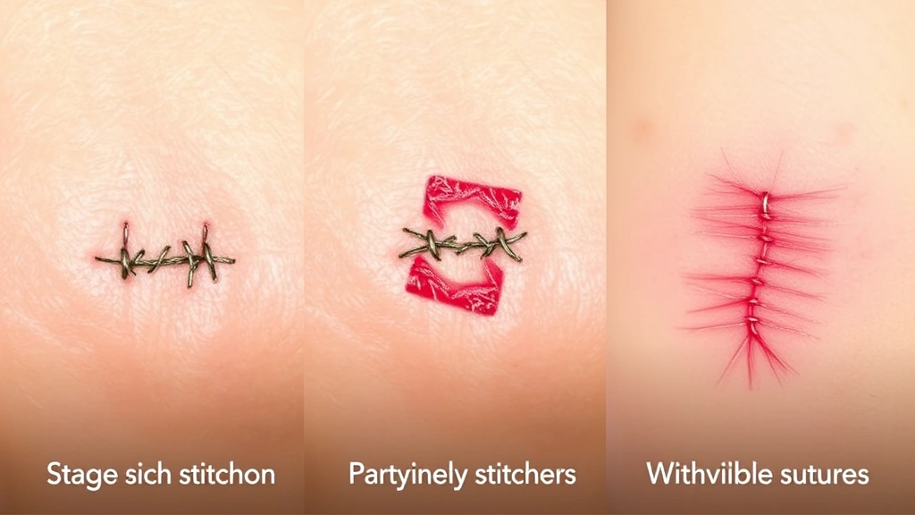 Stages of stitch dissolution progression displayed side-by-side showing fresh stitches, partially dissolved stitches, and fully healed wound without visible sutures