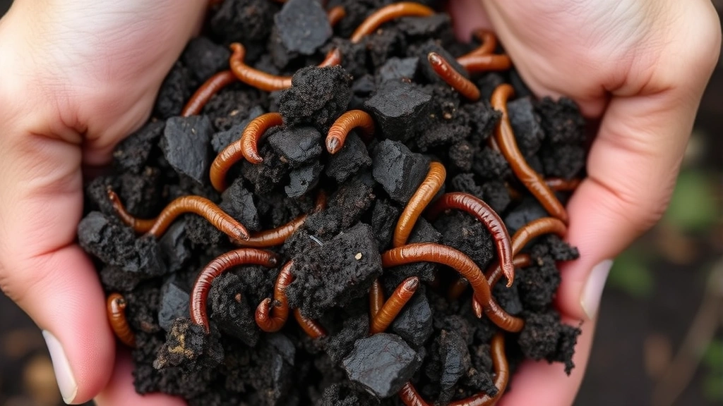 Close-up of dark, crumbly finished compost being held in hands with earthworms visible, showing rich texture and earthy appearance ready for garden use
