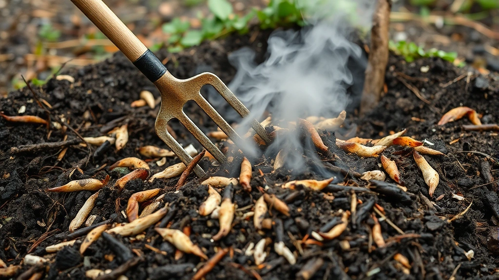 Person using a garden fork to turn an active compost pile with visible steam rising, showing hot decomposition in progress with mixed materials clearly visible