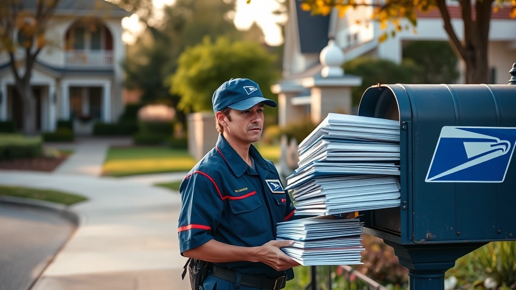 USPS mail carrier in uniform delivering stack of sorted mail at suburban residential mailbox during afternoon delivery route