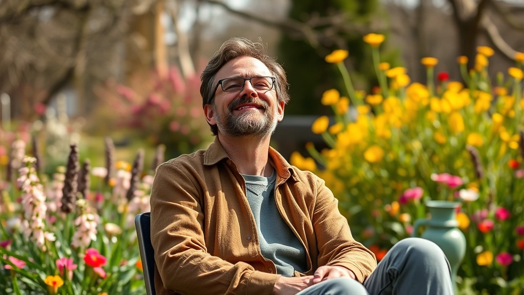 Person sitting outdoors during pollen season looking relieved and comfortable, spring garden background with blooming flowers, natural daylight, photorealistic