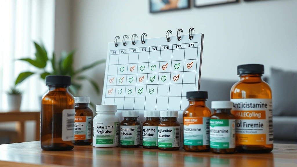 Organized medication schedule display showing a calendar with daily checkmarks and antihistamine bottles arranged neatly, home interior setting, photorealistic