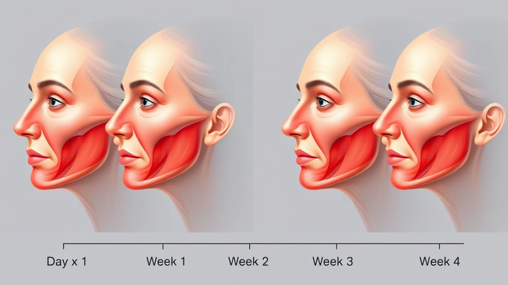 Timeline visualization showing facial muscle relaxation progression from day 1 through week 4, side profile of face showing gradual smoothing effect, professional medical illustration style