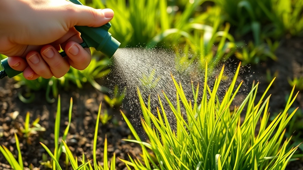 Person watering new grass seedlings with handheld sprayer, showing gentle water mist over thin young grass blades approximately 2-3 inches tall, morning sunlight