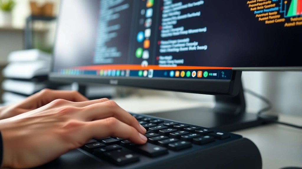 Close-up of hands typing on keyboard with data files and folders visible on computer monitor screen, digital information transfer visualization, home office setup