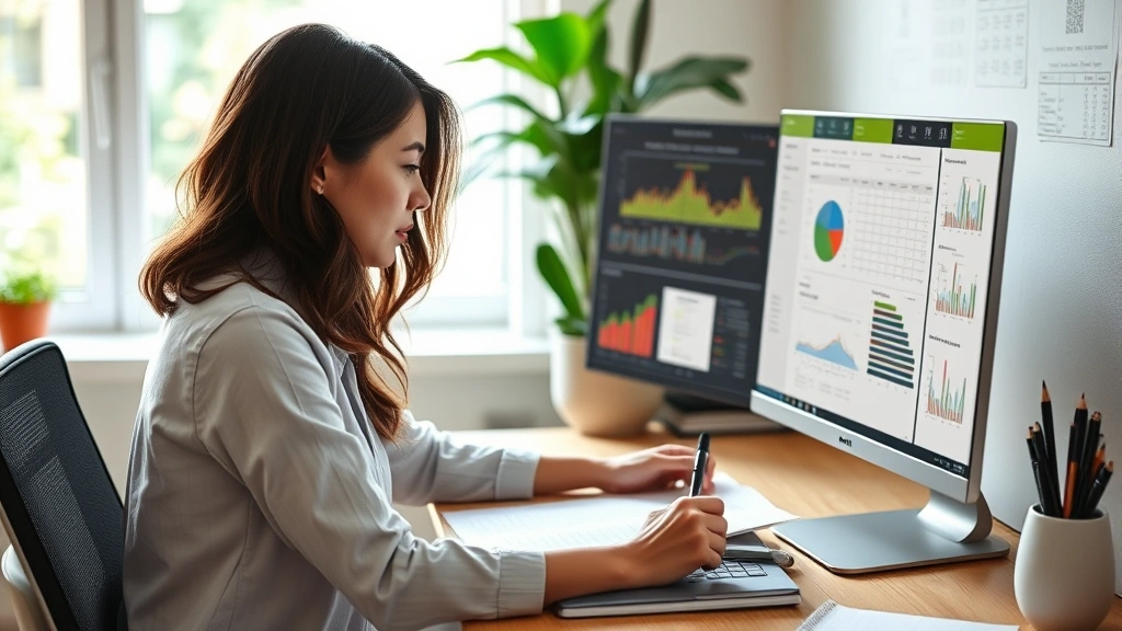 Woman reviewing documents and spreadsheets on computer screen with notebook and pen nearby, data organization and analysis, natural afternoon lighting from window