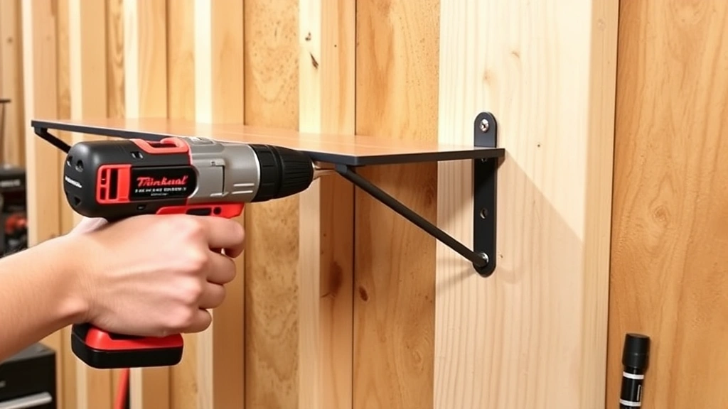 Hands installing heavy-duty metal shelf bracket onto wall studs using power drill, bracket partially mounted, wood studs visible, workshop setting with tools nearby