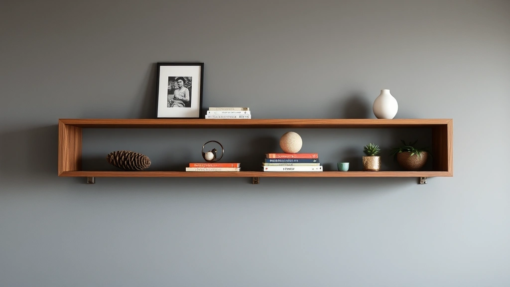 Completed modern floating shelf installation with books and decorative items displayed, shelf perfectly level and flush against gray painted wall, minimal visible hardware