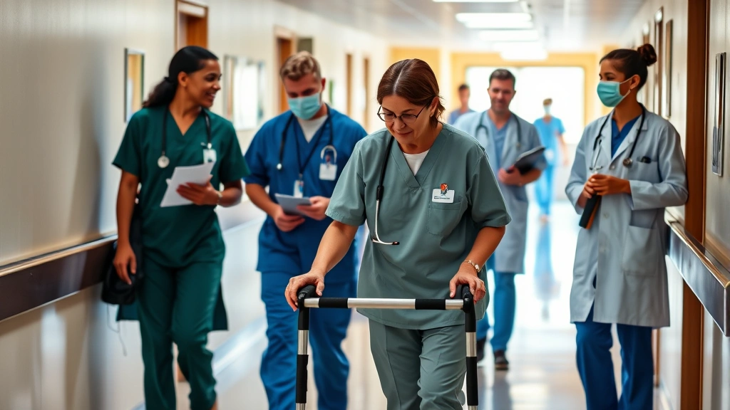 Diverse healthcare professionals in hospital hallway, CNA assisting elderly patient with walker, warm natural lighting, professional medical environment