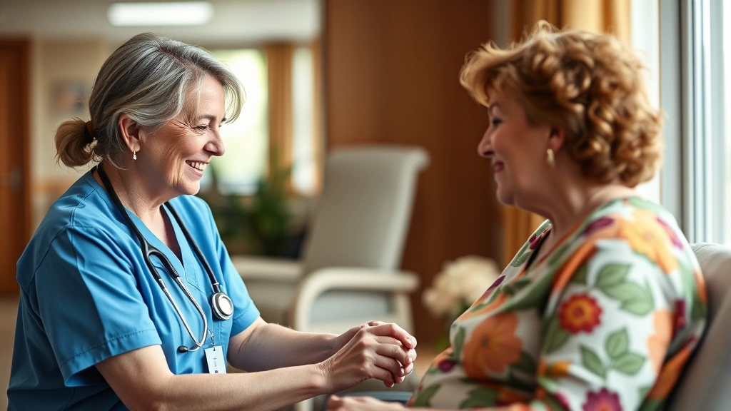 CNA performing patient care task in nursing home, helping resident with daily activities, compassionate interaction, realistic healthcare facility background