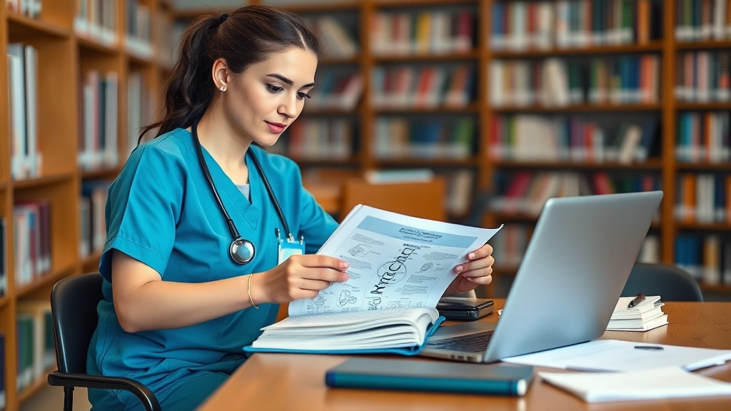 Graduate nursing student in scrubs studying advanced pharmacology textbook in library with laptop and medical notes spread across desk