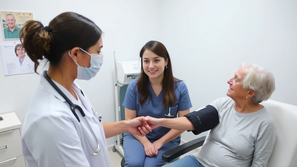Nurse practitioner conducting patient assessment in examination room, taking vital signs with blood pressure cuff, caring professional interaction