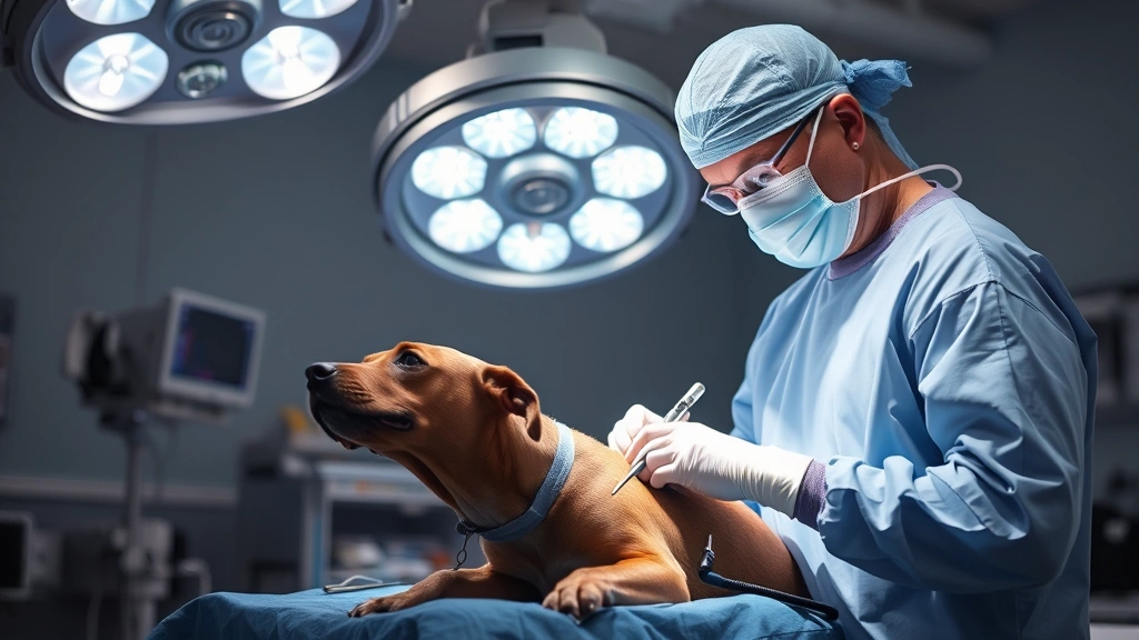 A veterinarian performing surgical procedure on an animal under bright surgical lights in an operating room, wearing sterile surgical attire and mask, with surgical instruments and monitoring equipment visible