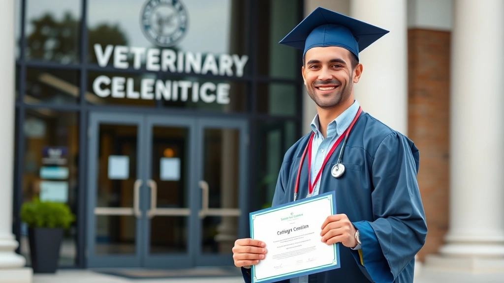 A recent veterinary school graduate in professional attire holding their diploma certificate, smiling confidently in front of a university building or veterinary clinic entrance, natural outdoor lighting