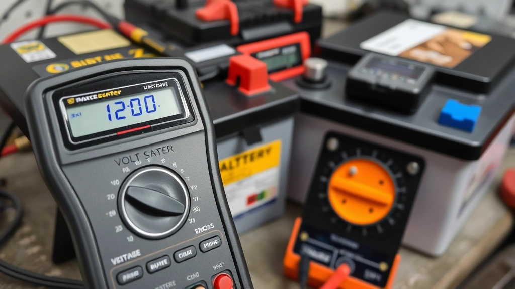 Digital multimeter displaying voltage reading next to a 12-volt car battery on workbench with charger in background, battery testing and diagnostics