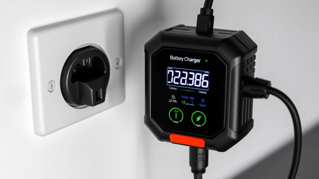 Car battery charger unit plugged into wall outlet with display screen showing charging progress, amperage readings, and charge percentage indicators