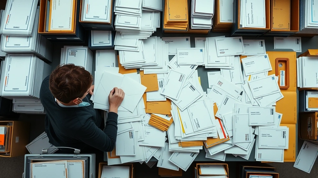 Overhead view of postal worker sorting and organizing multiple letters and envelopes on a sorting table at a post office, organized by zip code sections