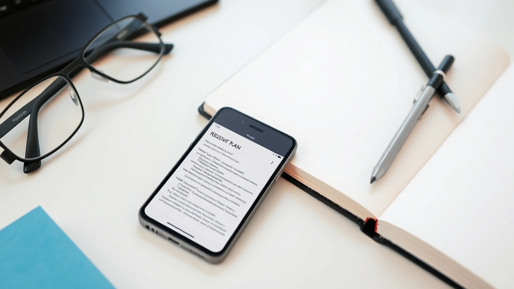 Smartphone displaying Bible app on screen with reading plan, sitting next to glasses and notepad on desk, modern digital study setup