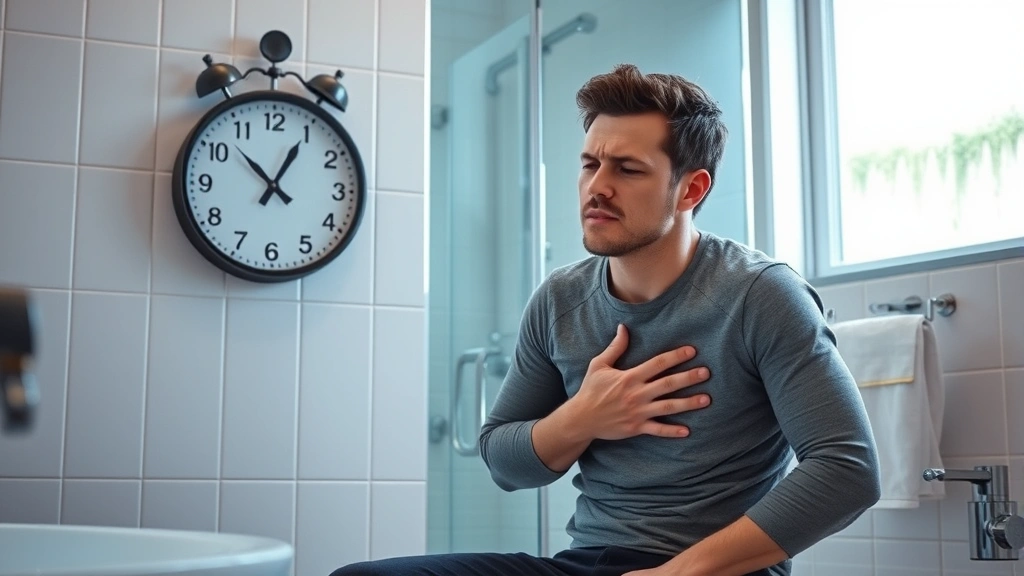 A person sitting in a bathroom with hand on stomach, looking at a wall clock showing 4 o'clock, realistic indoor lighting, showing digestive discomfort during supplement effects period