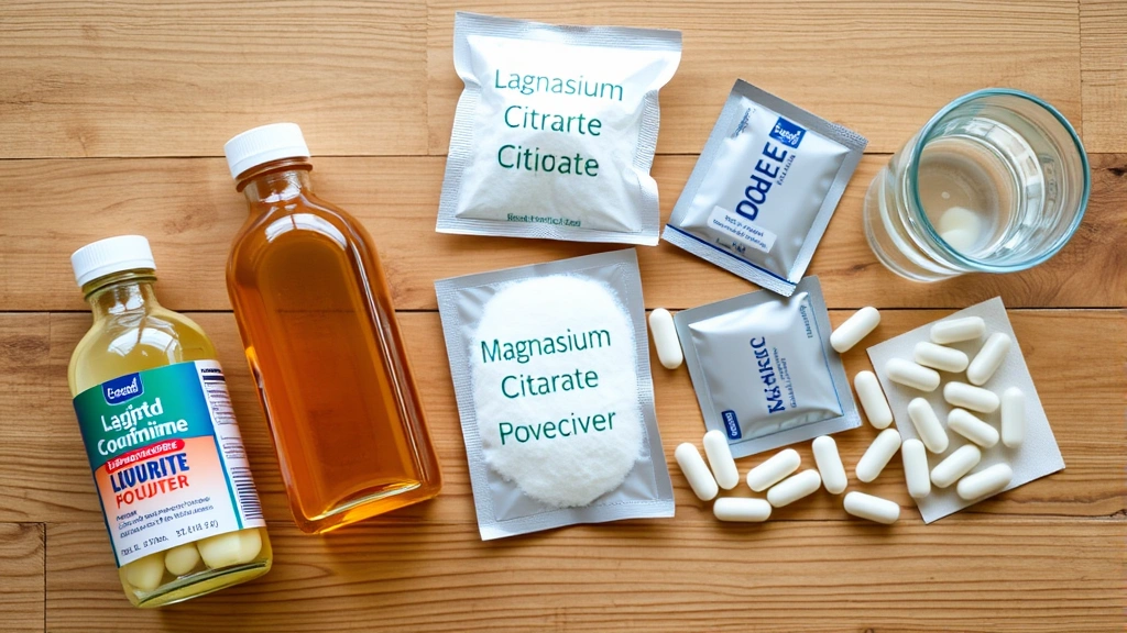 Overhead view of a wooden table with various laxative products including magnesium citrate liquid bottle, powder packets, and capsules arranged in comparison, with a glass of water, natural lighting