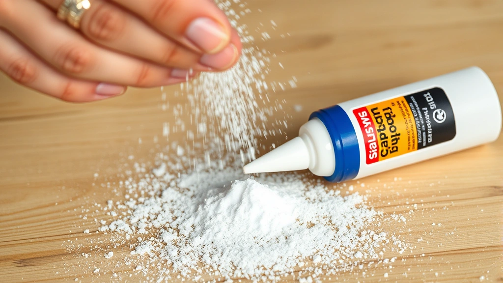 DIYer sprinkling baking soda on wet super glue joint for acceleration method, showing the accelerator technique in action with clear view of materials