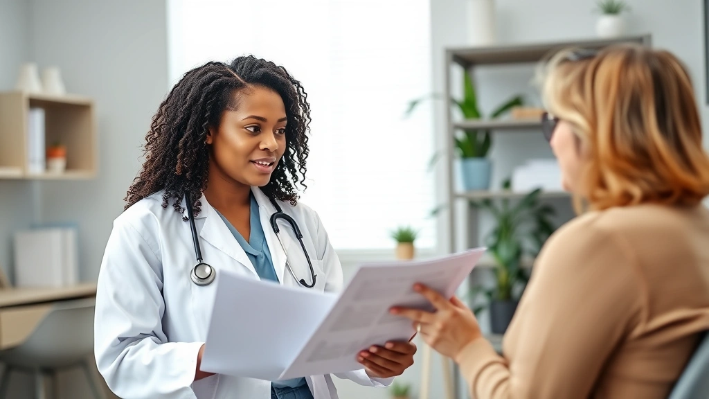 A diverse healthcare professional in a white coat reviewing medical charts and speaking with a patient in a comfortable clinical office, both appearing engaged in conversation