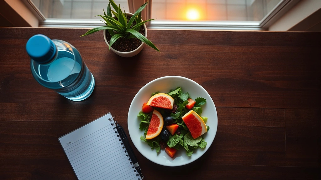 Overhead view of a wooden table with a water bottle, healthy meal, notebook, and sunrise visible through a window, representing wellness and daily routine habits