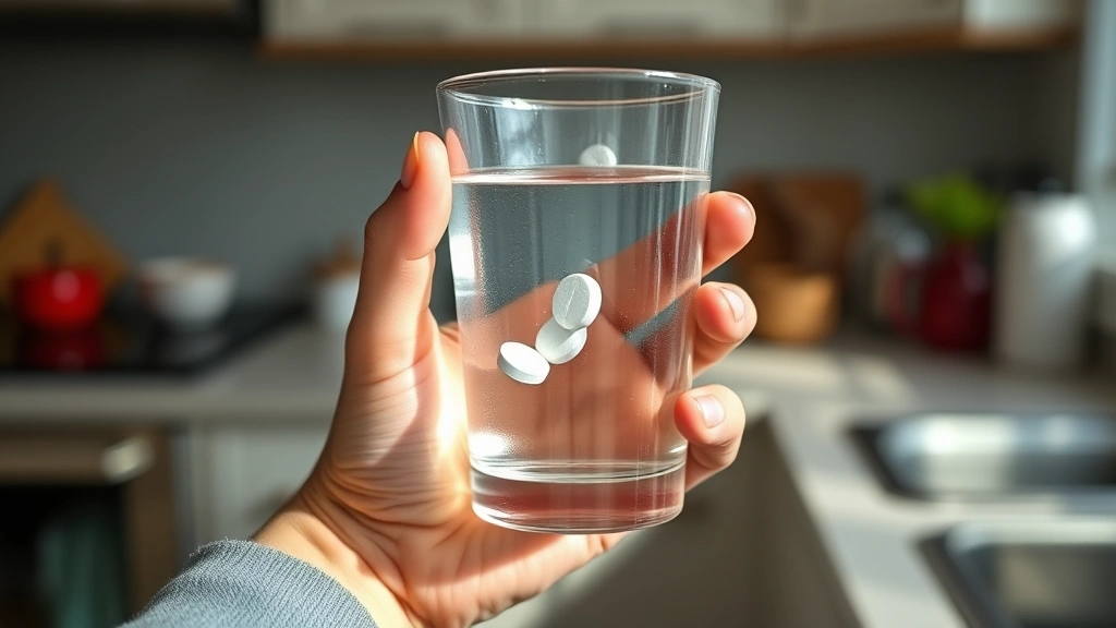 Close-up of a person's hand holding a glass of water with Tylenol tablet, natural kitchen lighting, photorealistic, focus on the tablet and water glass