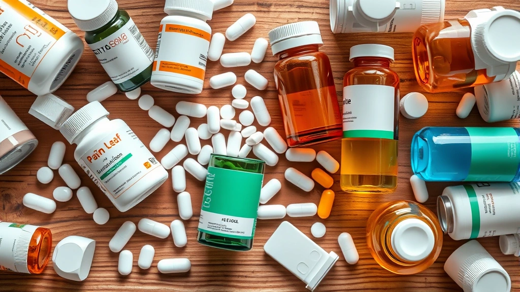 Overhead shot of various pain relief medication bottles and formulations arranged on a wooden surface, showing tablets, gelcaps, and liquid bottles, natural daylight, photorealistic
