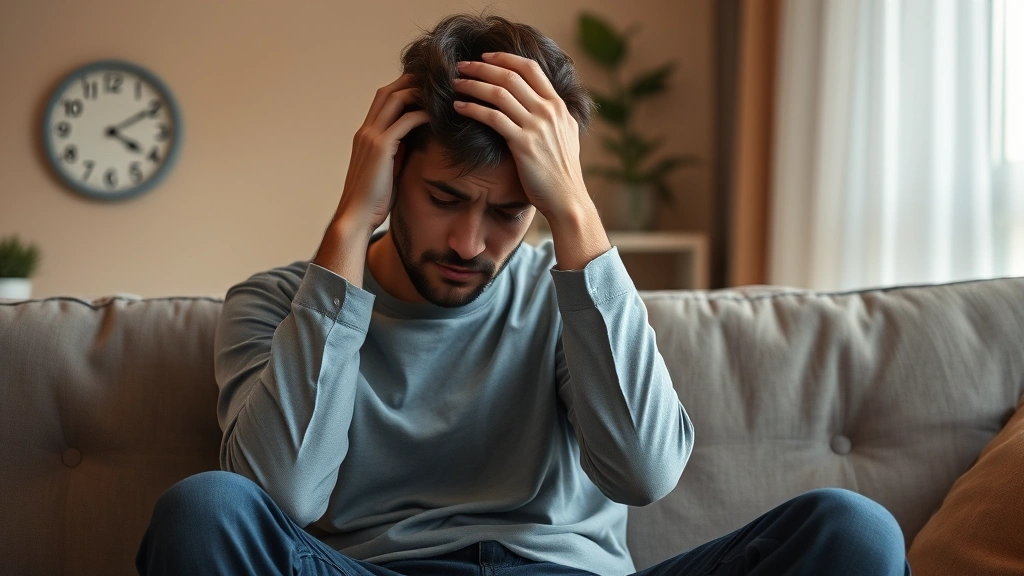Person sitting on a couch holding their head with one hand while looking at a clock on the wall in the background, showing discomfort, warm home lighting, photorealistic
