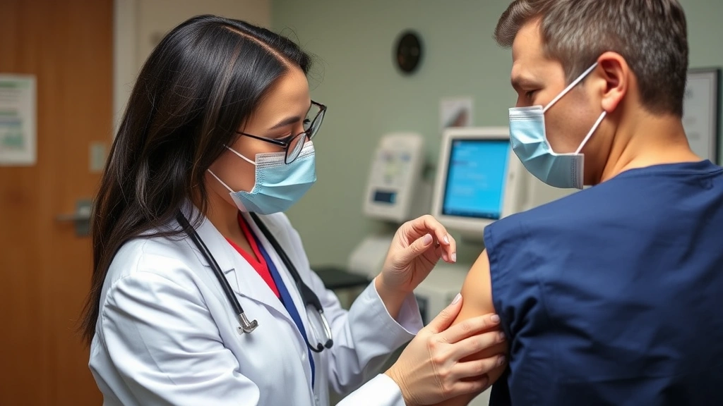Healthcare professional examining patient's healing surgical wound with dissolvable stitches in clinical examination room environment