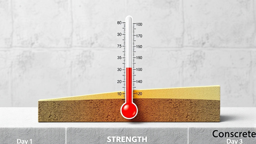 Cross-section diagram visualization showing concrete strength development over time, thermometer indicating temperature control, moisture levels, different curing stages from day 1 to day 28, professional construction setting