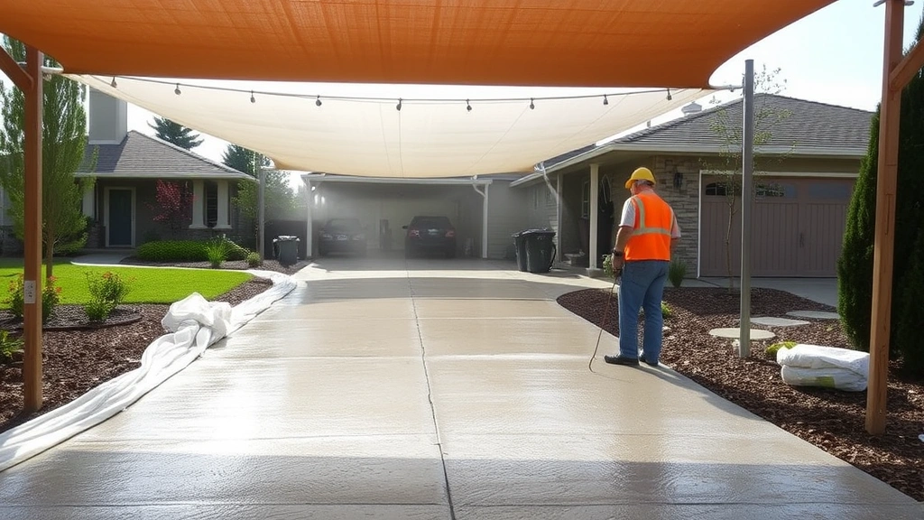 Residential driveway with curing compound application, wet curing blankets draped over sections, shade cloth overhead, misting system visible, temperature monitoring equipment, builder in safety gear checking curing progress