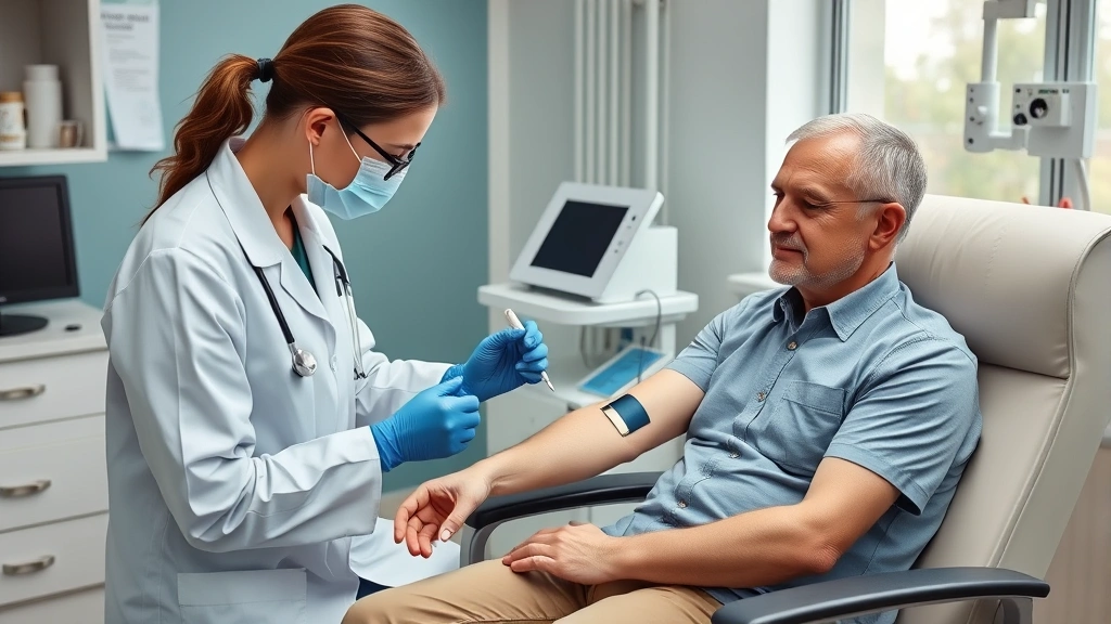 Phlebotomist drawing blood from patient's arm in medical laboratory, patient sitting calmly in comfortable chair, professional healthcare setting