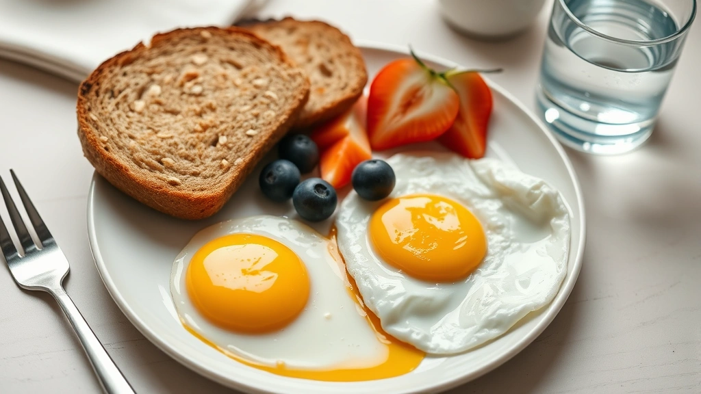 Healthy breakfast foods on plate including eggs, whole grain toast, and fresh fruit, water glass nearby, post-blood-draw meal preparation
