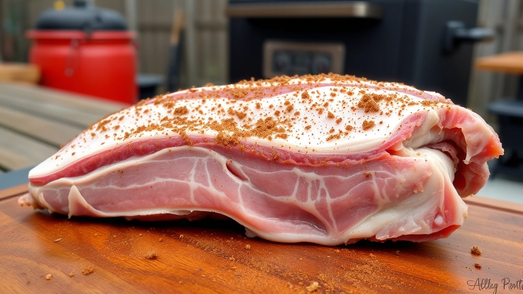 Close-up of uncooked pork butt with dry rub spices applied, showing marbling and fat cap, placed on wooden cutting board in outdoor kitchen setting with smoker visible in background