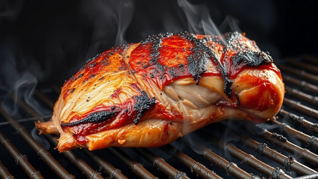 Pork butt midway through smoking with developed bark crust, placed on smoker grates with smoke wisping around it, thermometer visible showing temperature reading