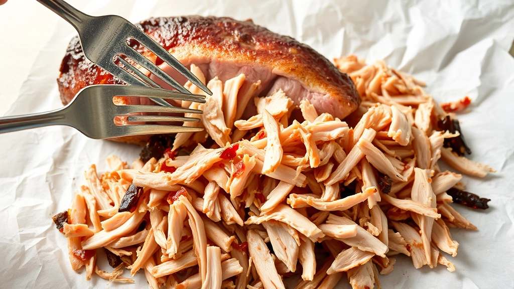Finished smoked pork butt being pulled apart with two metal forks, shredded meat piled on white butcher paper, steam rising, showing proper tenderness and color