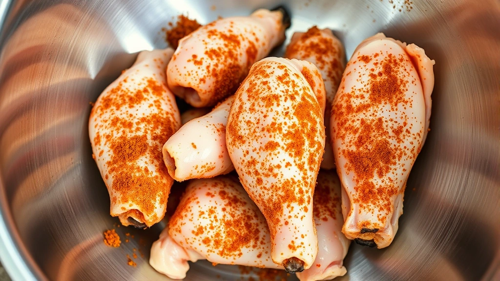 Close-up of raw chicken wings seasoned with dry rub spices in a stainless steel bowl, showing paprika, brown sugar, and garlic coating, natural lighting from above